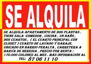 Heredia se alquila apartamento en barrio peralta