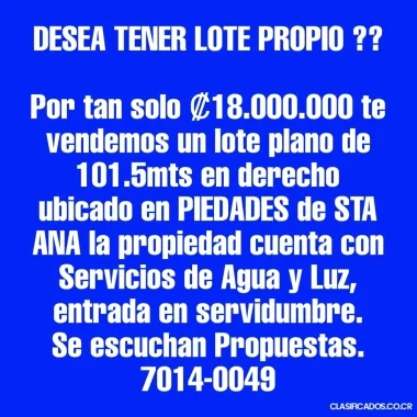 SE VENDE LOTE EN SANTA ANA en derecho 
